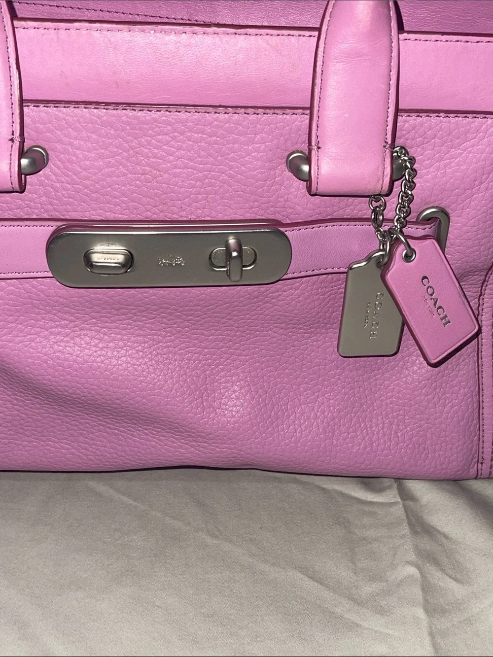 Coach Lilac Pebbled Leather Satchel with Silver Hardware